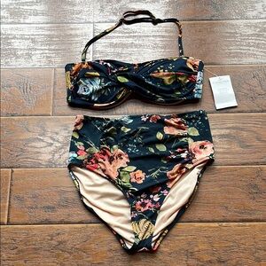 Garnet Hill Black Floral Twist Bandeau Bikini with High-Waist Bottoms